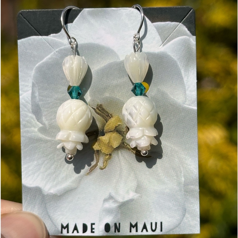 Hand Carved Mother of Pearl Shell Pikake Flower Pineapple Threader Earrings